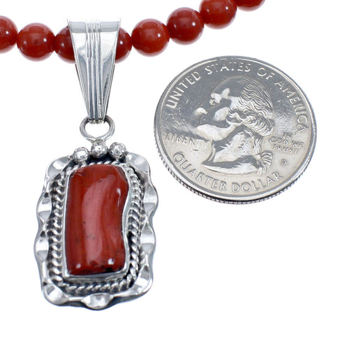 Native American Navajo Coral Round Bead Pendant Sterling Silver Necklace JX126559